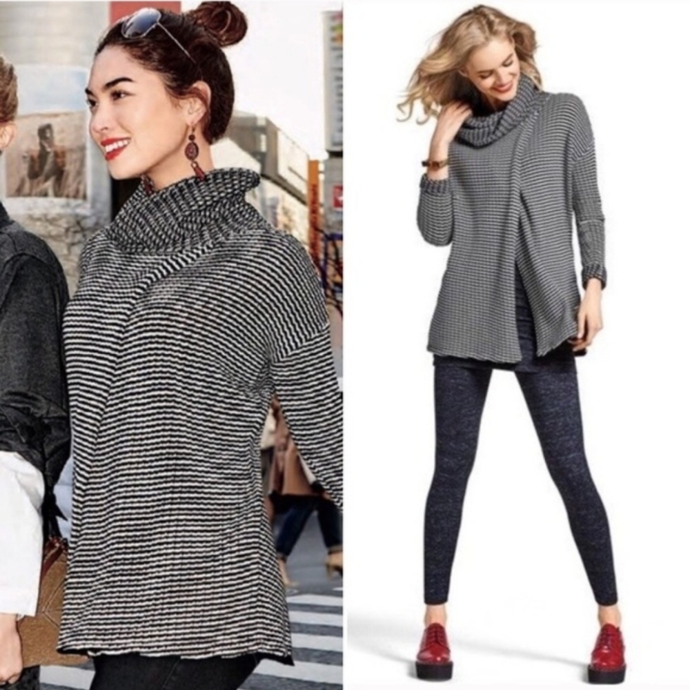 CAbi Fergi Turtleneck Sweater Black and White Split Front Back
